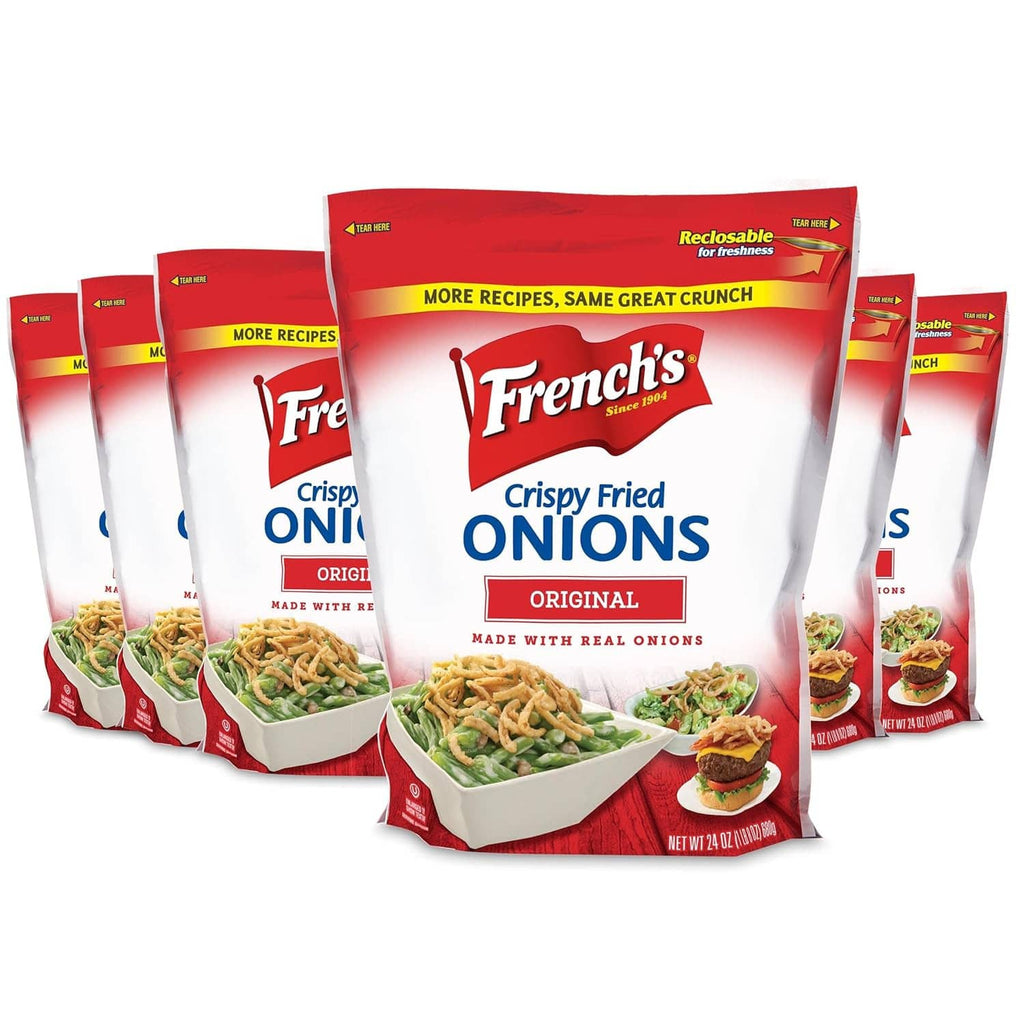 French's Crispy Fried Onions Original pack of resealable bags with red-and-white labels