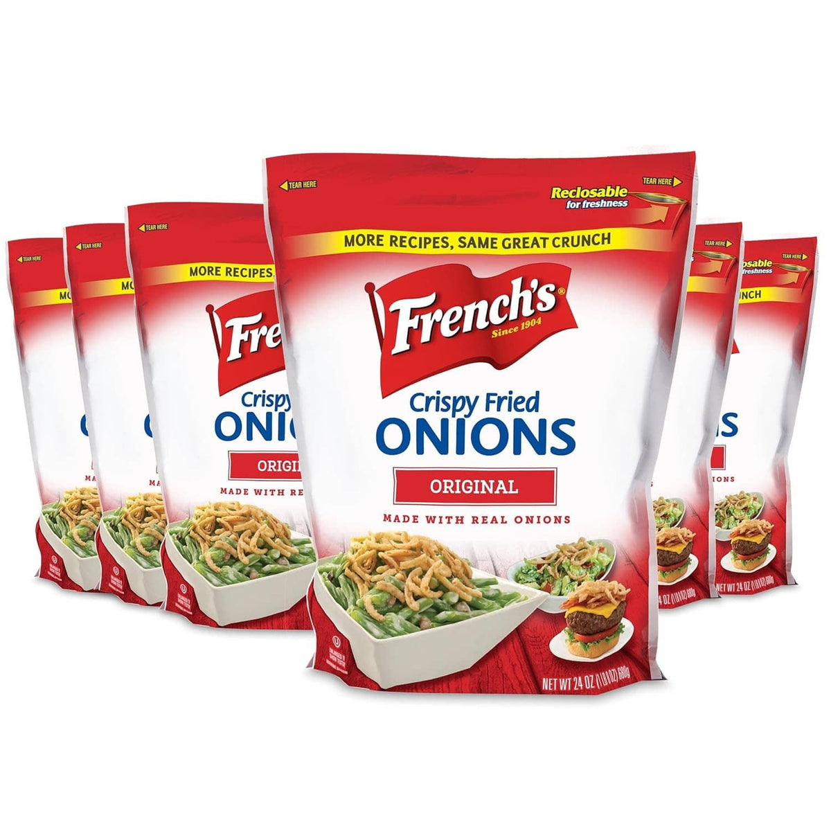 French's Crispy Fried Onions Original pack of resealable bags with red-and-white labels