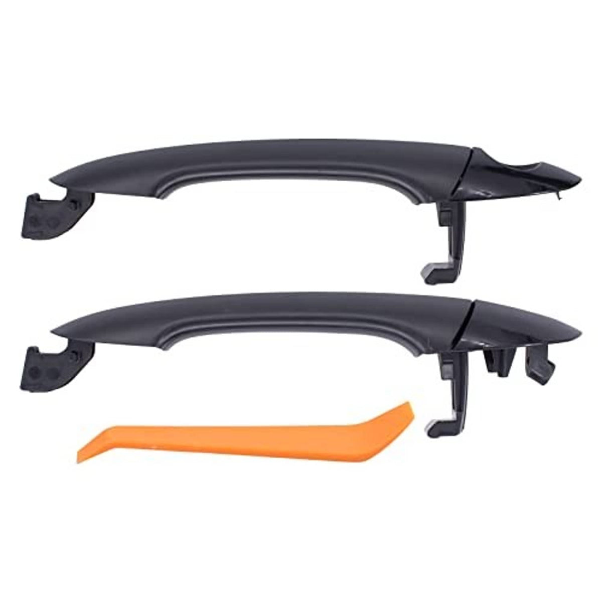 Exterior door handles set, dark gray with orange locking clips and mounting tabs, angled