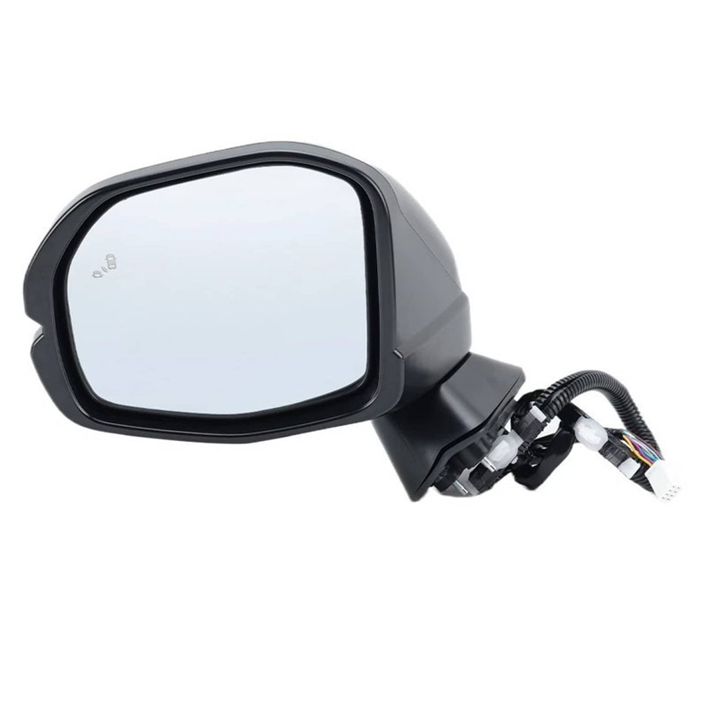 Side mirror with clear lens, dark frame, and attached wiring pigtail