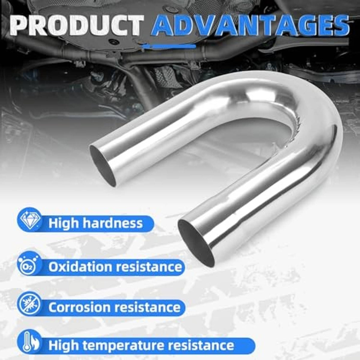 Stainless steel 180-degree exhaust pipe with smooth polished finish and open ends
