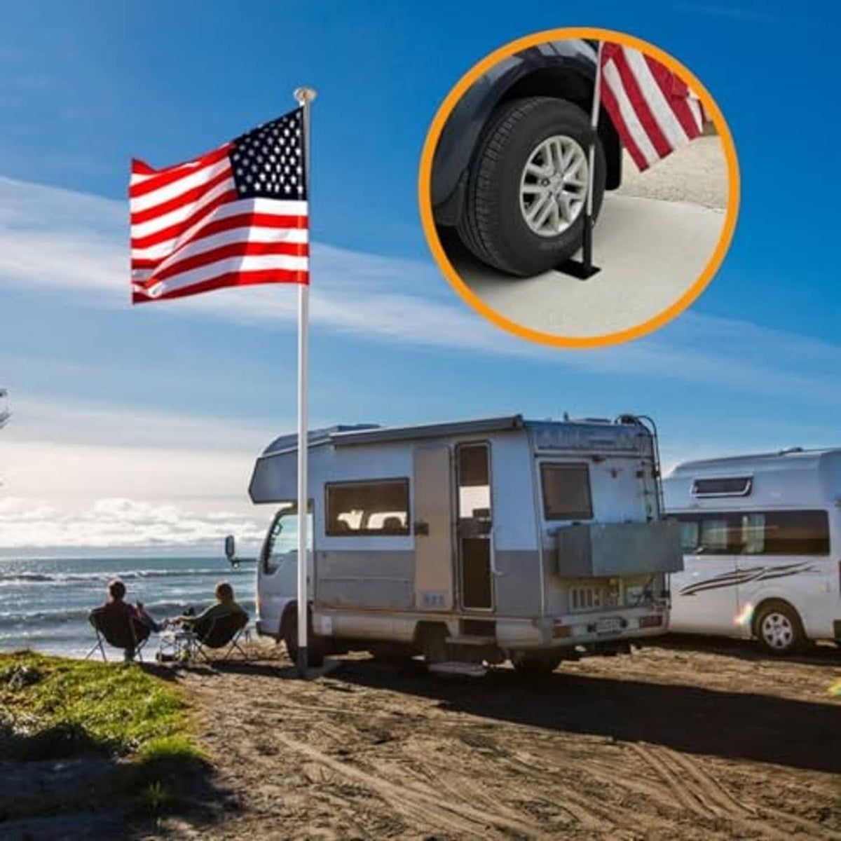 Flag pole tire mount installed on vehicle tire, black base plate holds pole