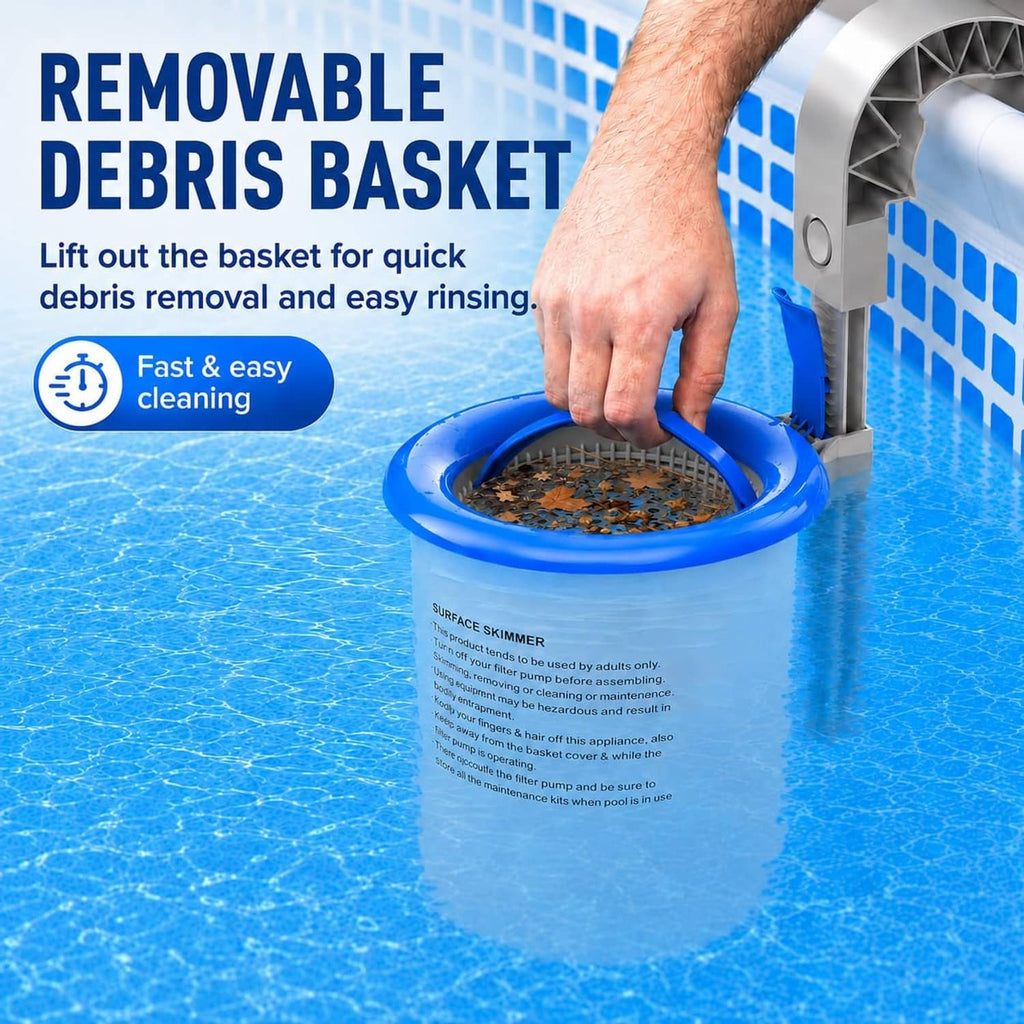 Above-ground pool skimmer with removable debris basket and blue rim, held for cleaning