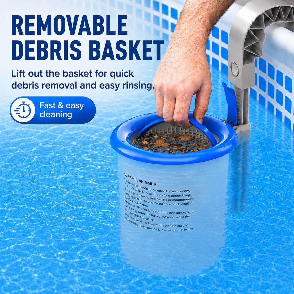 Above-ground pool skimmer with removable debris basket and blue rim, held for cleaning