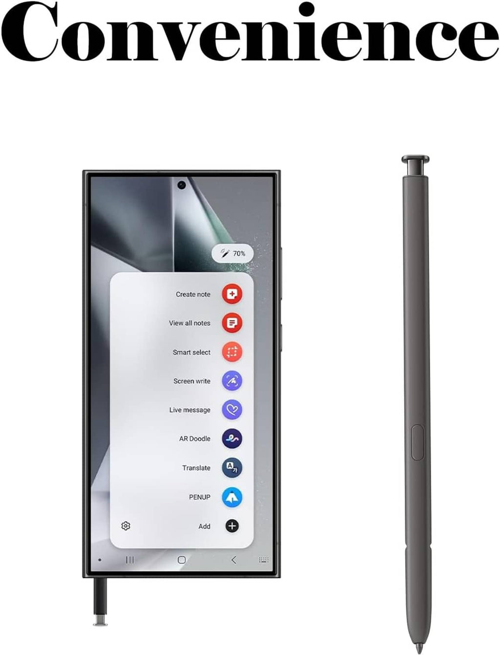 Dark gray stylus pen standing beside tablet screen with app icons