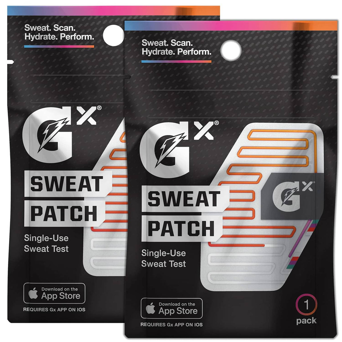 Two-pack sweat test patches in Gx packaging with single-use hydration scan labels.