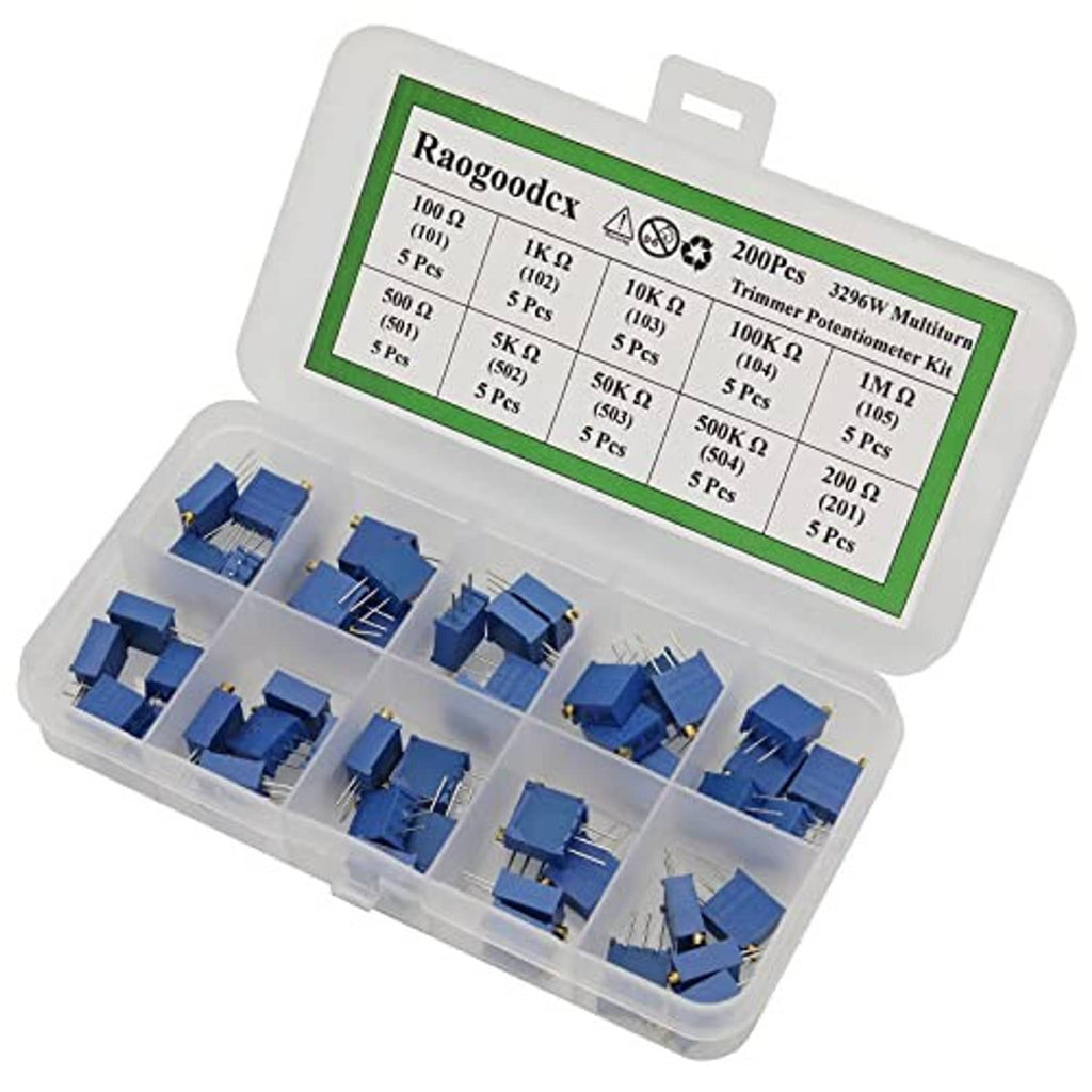 Multiturn trimmer potentiometer kit case with label and blue components inside