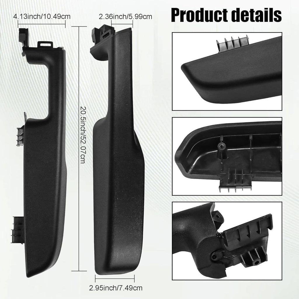 Black front door armrest handle pair with ridged mounting clips on both sides