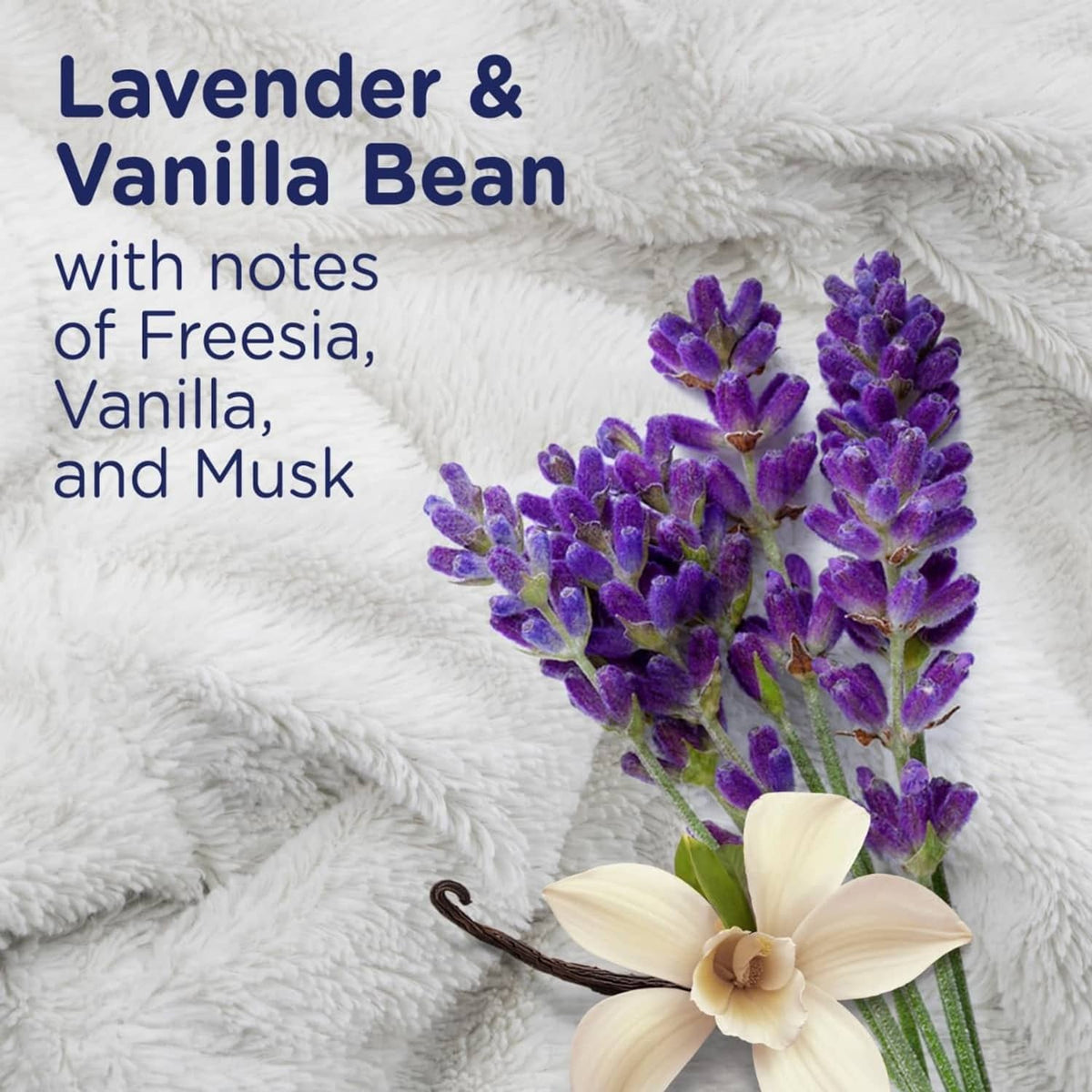 White plush fabric with purple lavender sprigs, vanilla bean pods, and orchid flower