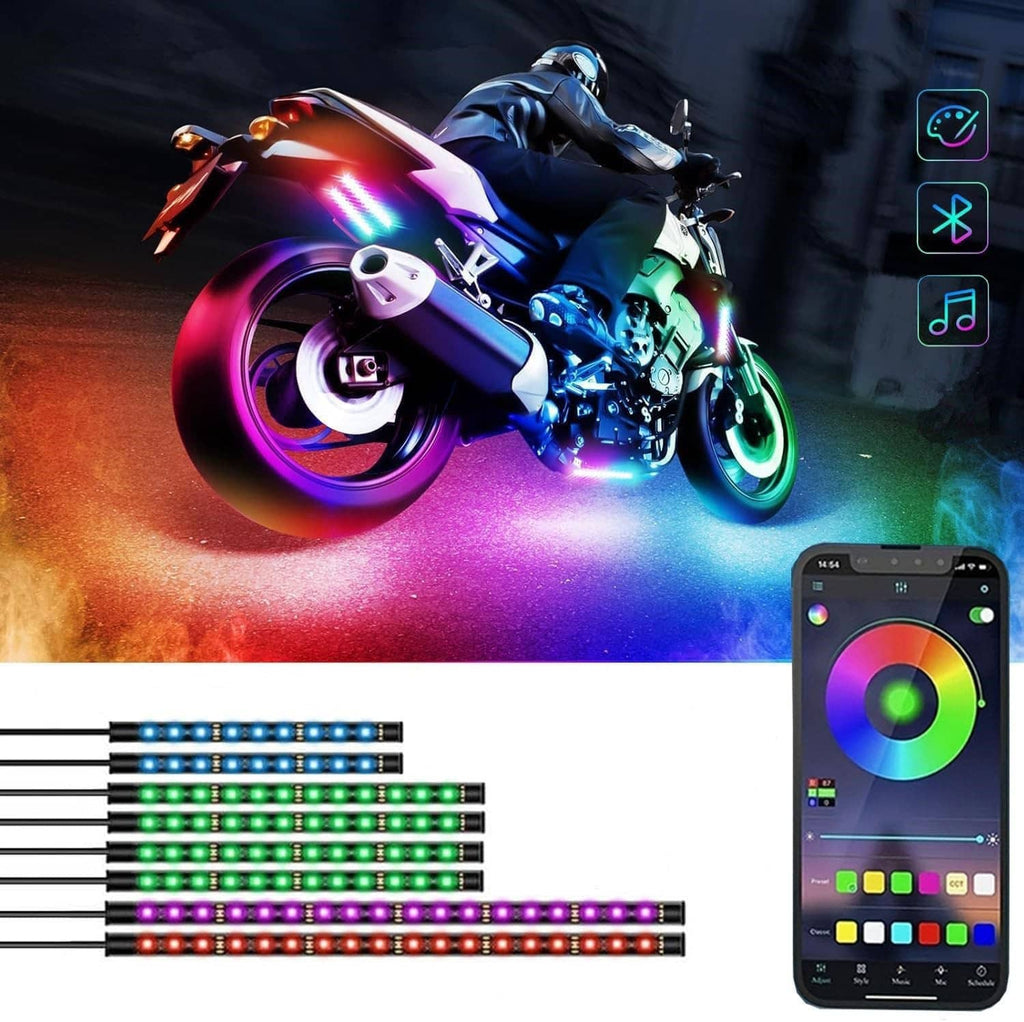 RGB motorcycle LED light kit with multicolor strip lights and app-control smartphone