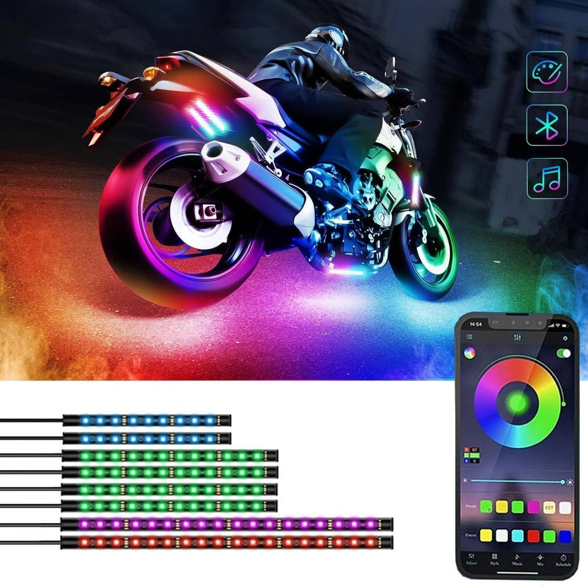 RGB motorcycle LED light kit with multicolor strip lights and app-control smartphone