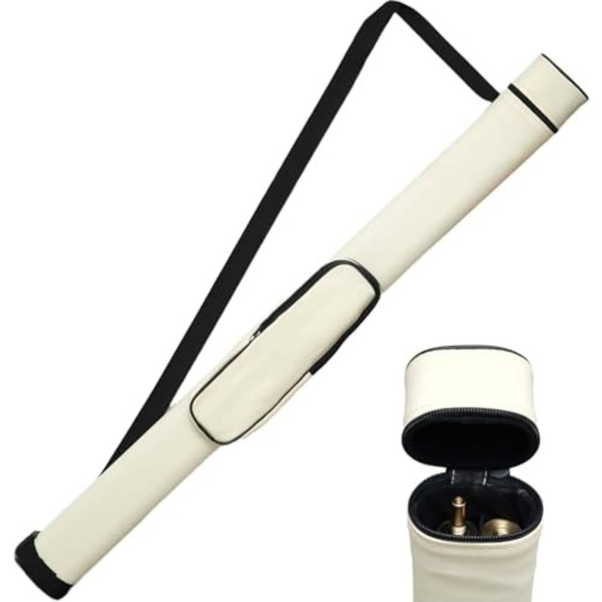 Cream cue hard case with black-trimmed zip pocket, open-end view holding cues