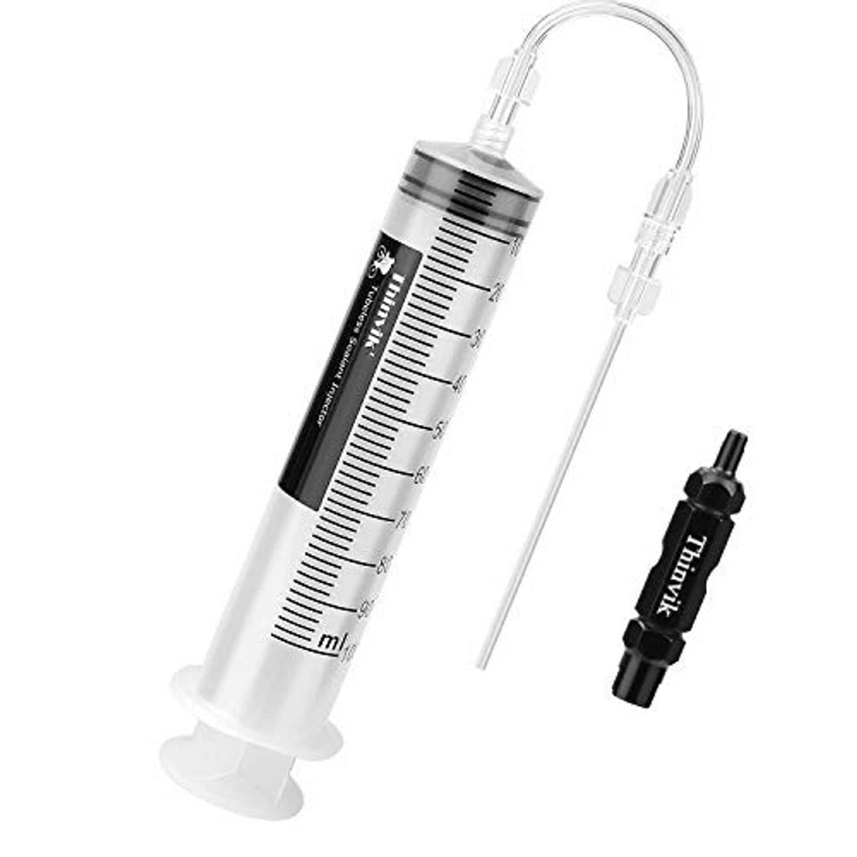 Bike tubeless sealant injector syringe with clear hose and compact black valve tool