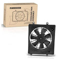 Black A/C condenser cooling fan assembly with four blades and square mounting frame