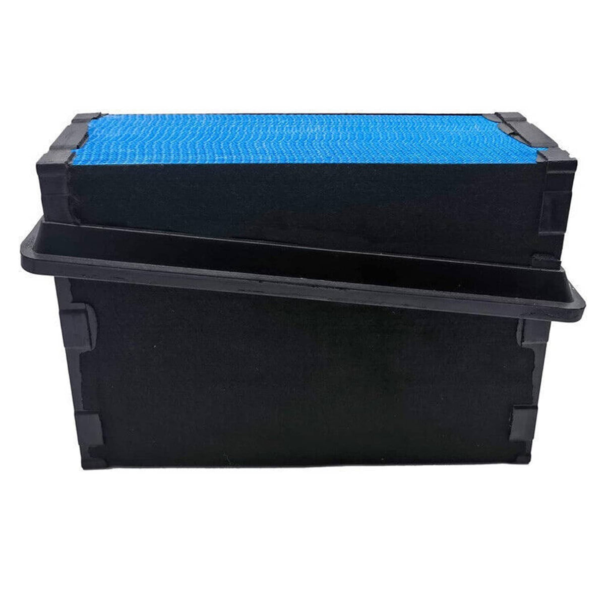 Air filter with blue top pleated media in black rectangular housing, front view
