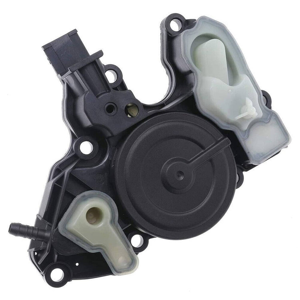 Oil separator valve assembly angled view with black round cover and light reservoirs