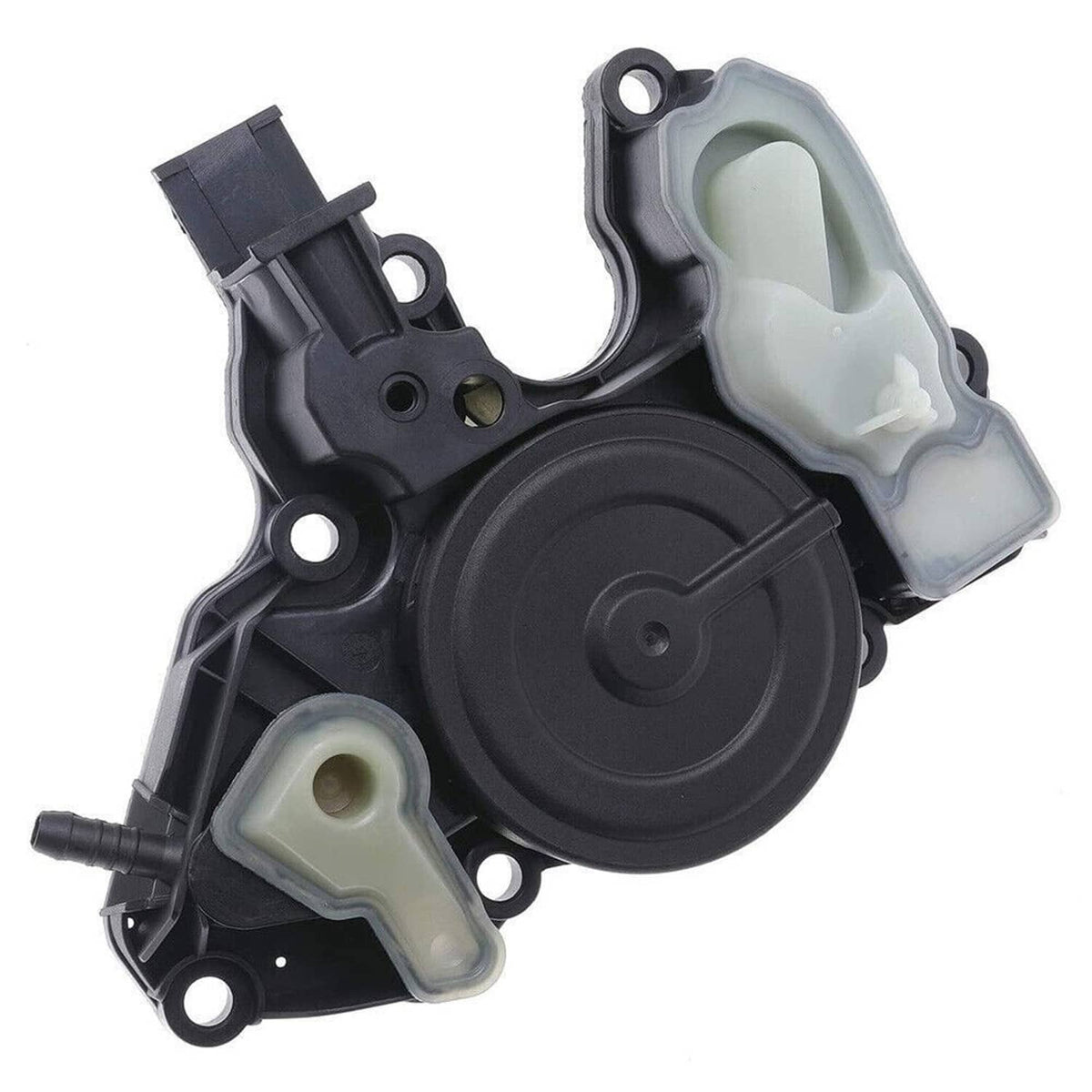 Oil separator valve assembly angled view with black round cover and light reservoirs