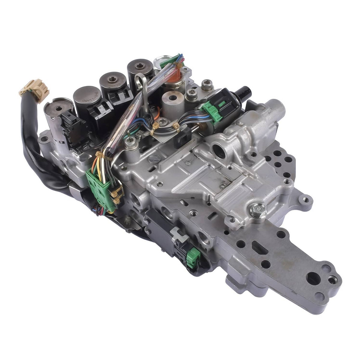 Auto transmission valve body with stepper motor, angled view with stacked electronic components