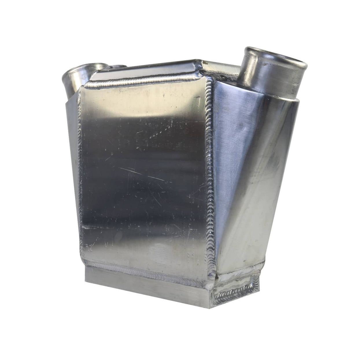 Aluminum intercooler heat exchanger with two side ports and visible weld seams