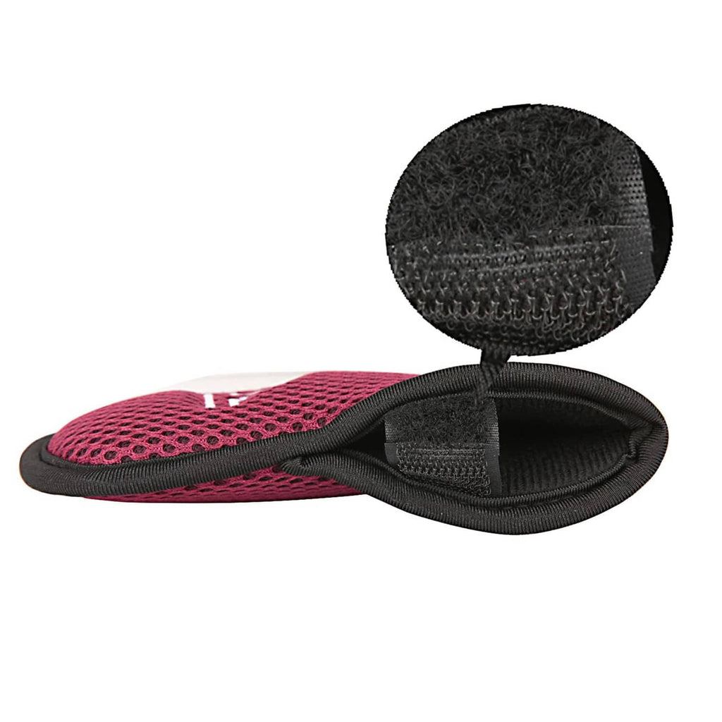 Wine red golf iron head cover with black interior pocket; polyester mesh texture detail