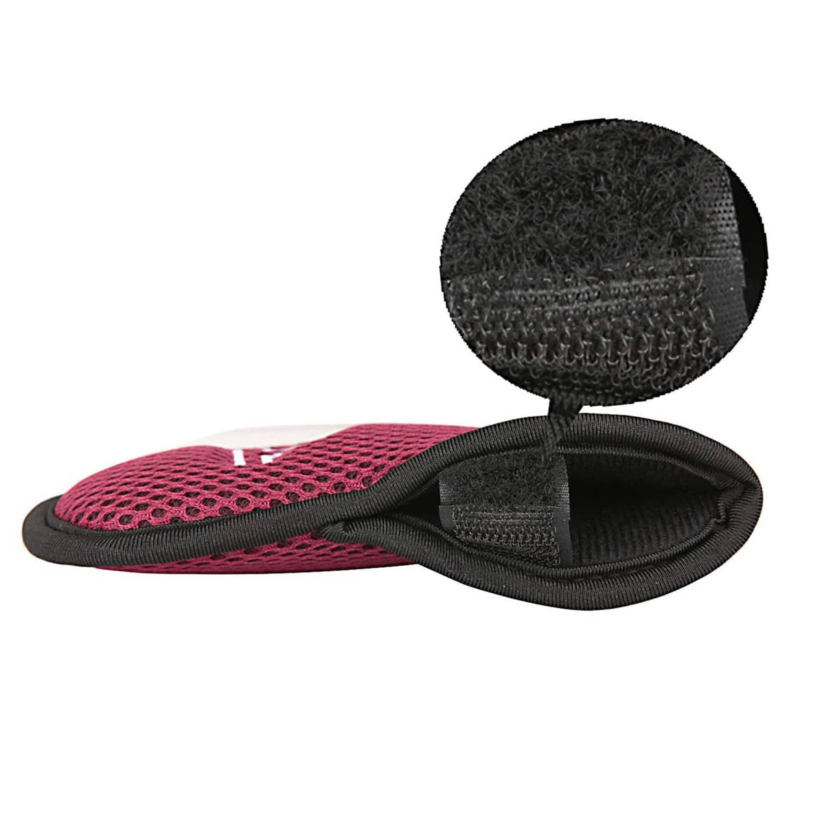Wine red golf iron head cover with black interior pocket; polyester mesh texture detail