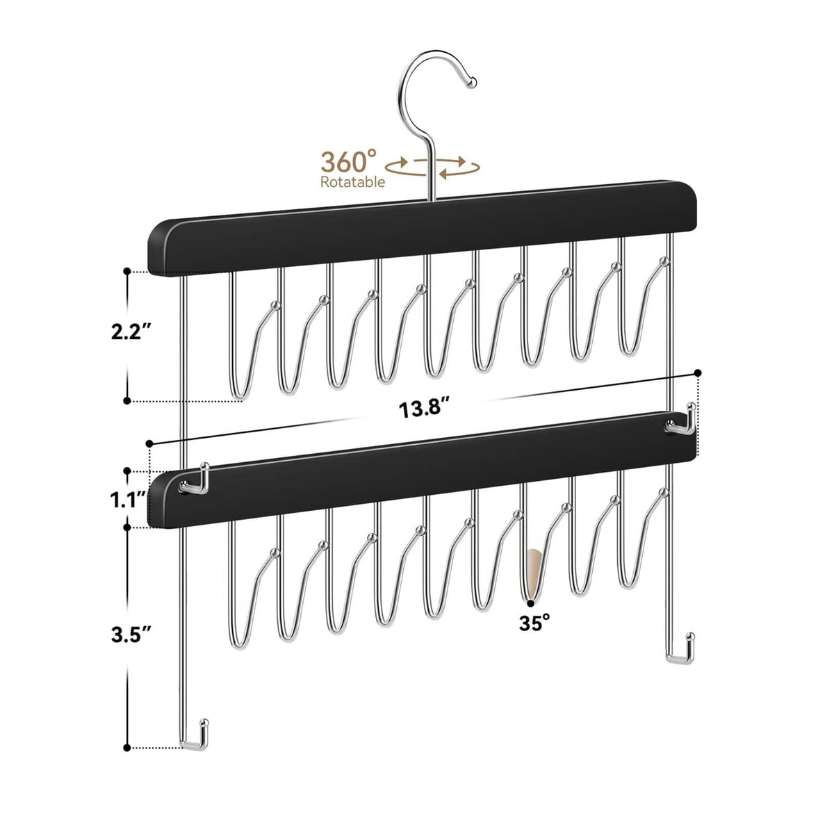 Rotatable black hair extension hanger with adjustable 2-tier hook layout and measurements