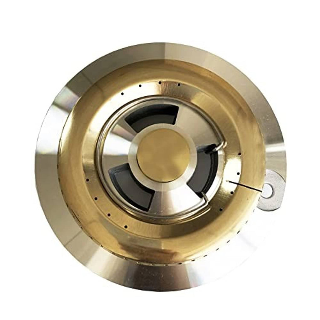Round brass burner cover with central cap and three flame fins, underside view