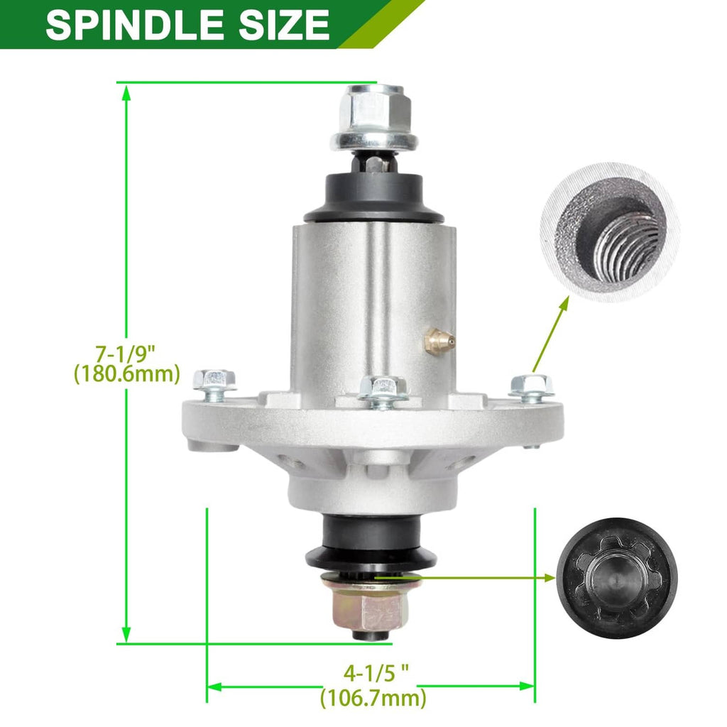 Mower spindle assembly with steel housing and black bushing, side view
