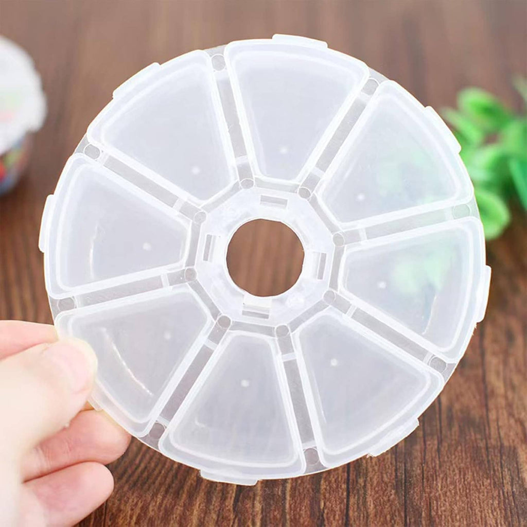 Hand holding a clear round jewelry bead storage box with 8 divided compartments