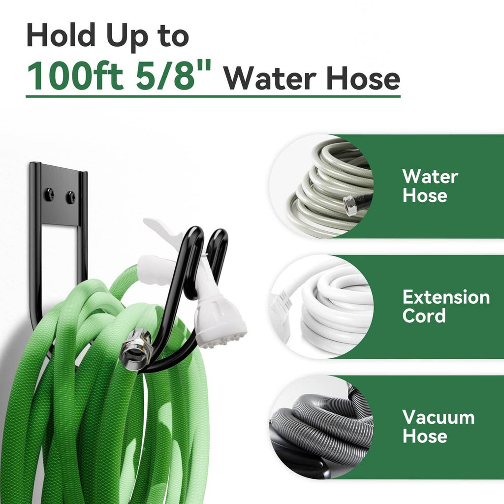 Wall-mounted black hose holder with two hooks, shown with green water hose loop