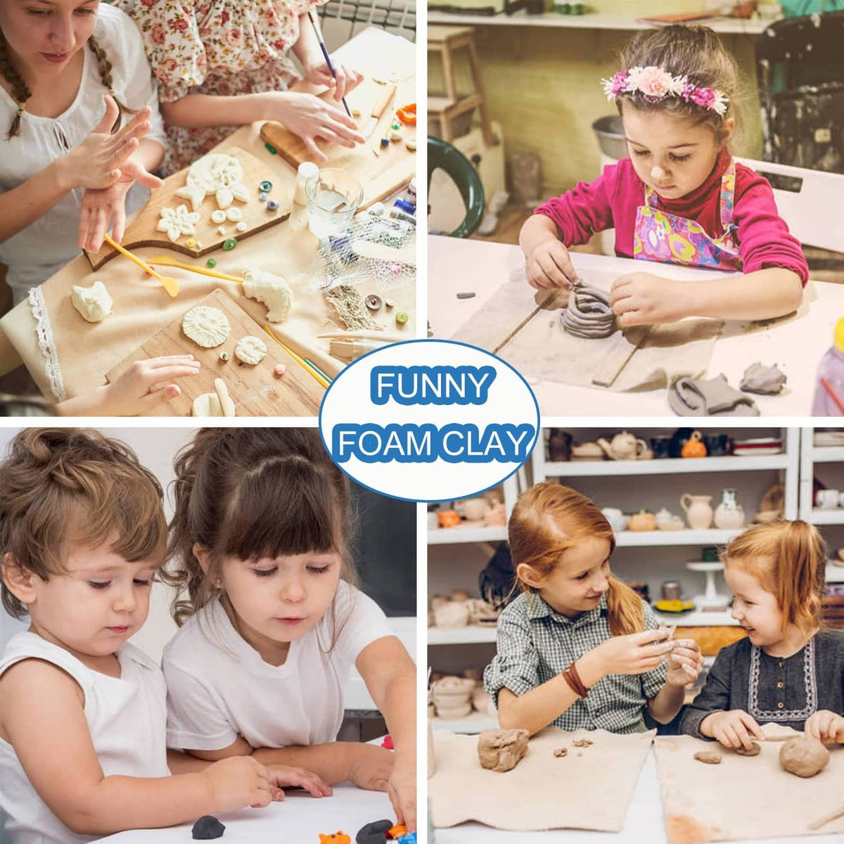 Kids working with white foam clay on a craft table during play