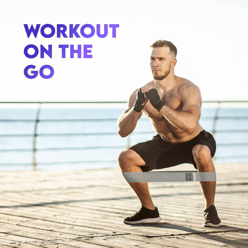 Wide fabric resistance band around thighs for a leg workout