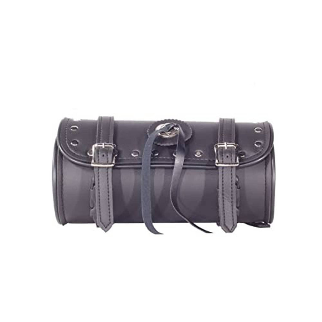 Black cylindrical motorcycle bag with studded top, buckles, and front carry straps