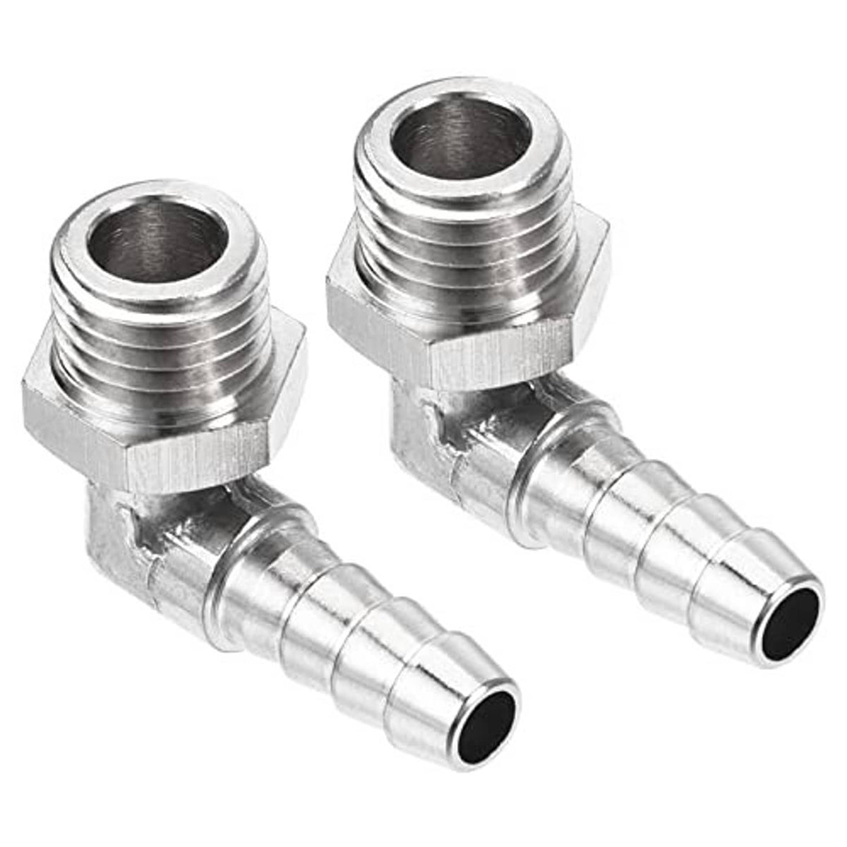Nickel-plated 90° hose barb elbow fittings with threaded and barbed ends