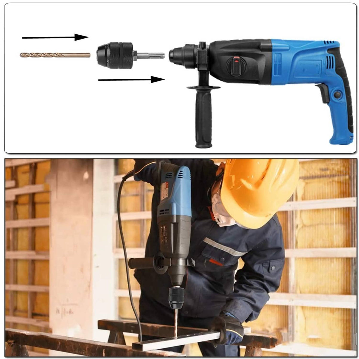 Keyless drill chuck mounted on rotary hammer drill with drilling bit inserted