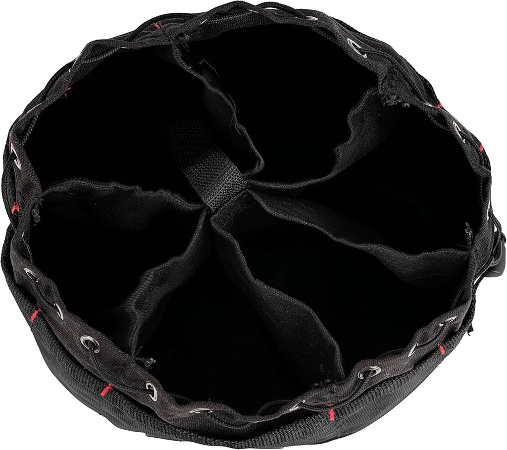 Open black parachute bag interior with stitched pockets and drawstring eyelets