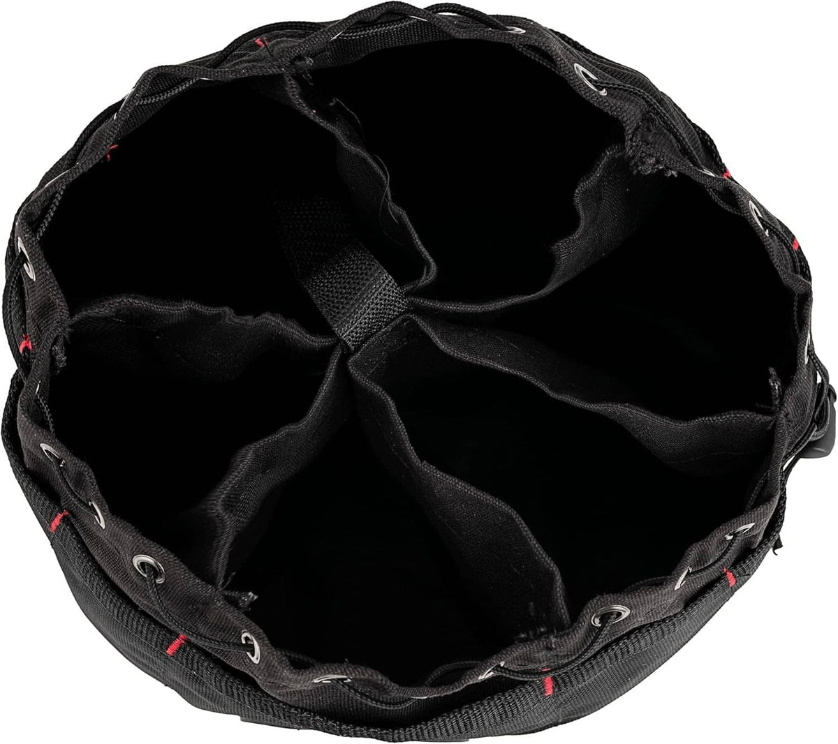 Open black parachute bag interior with stitched pockets and drawstring eyelets