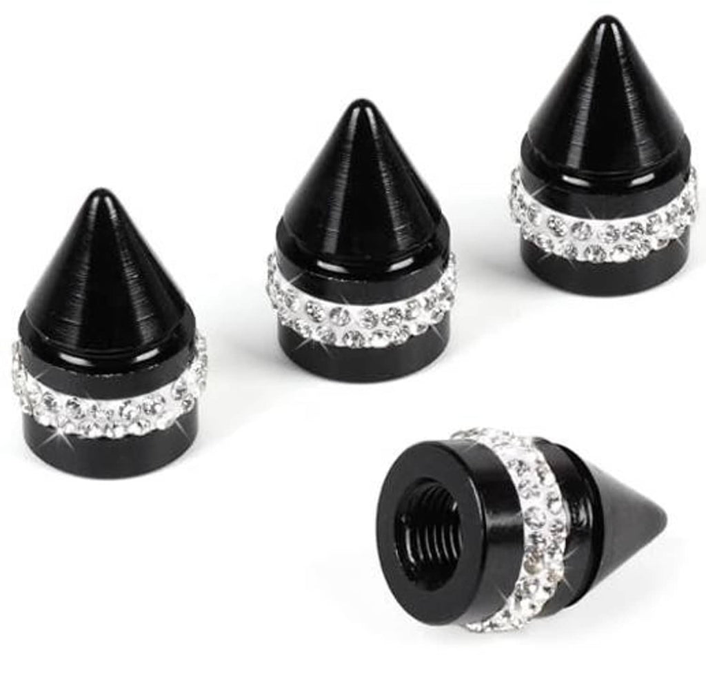 Set of black cone tire valve caps with silver rhinestone ring, including a threaded end
