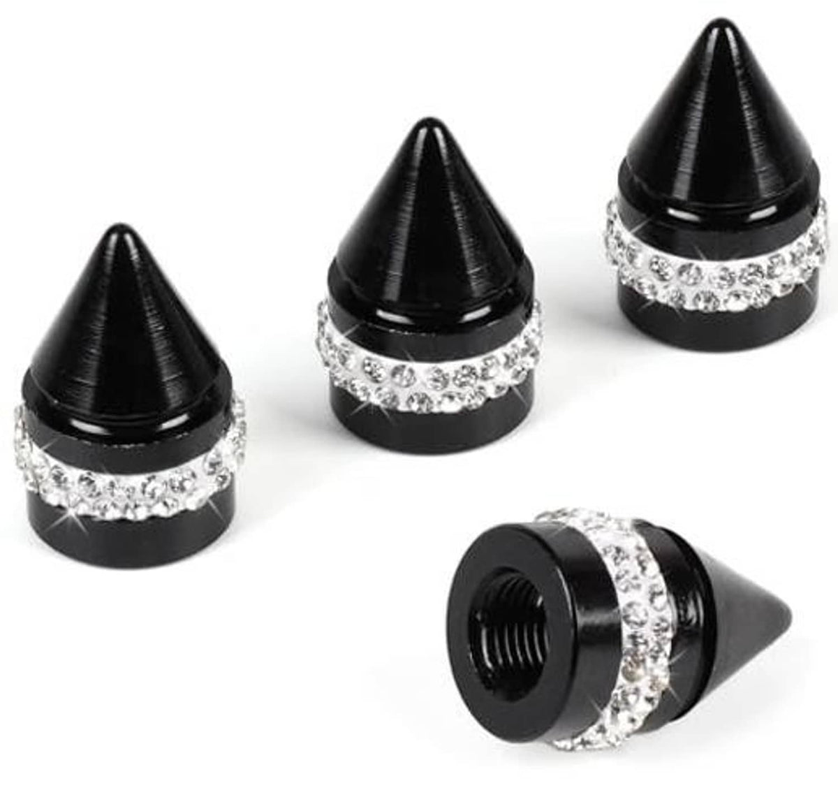 Set of black cone tire valve caps with silver rhinestone ring, including a threaded end