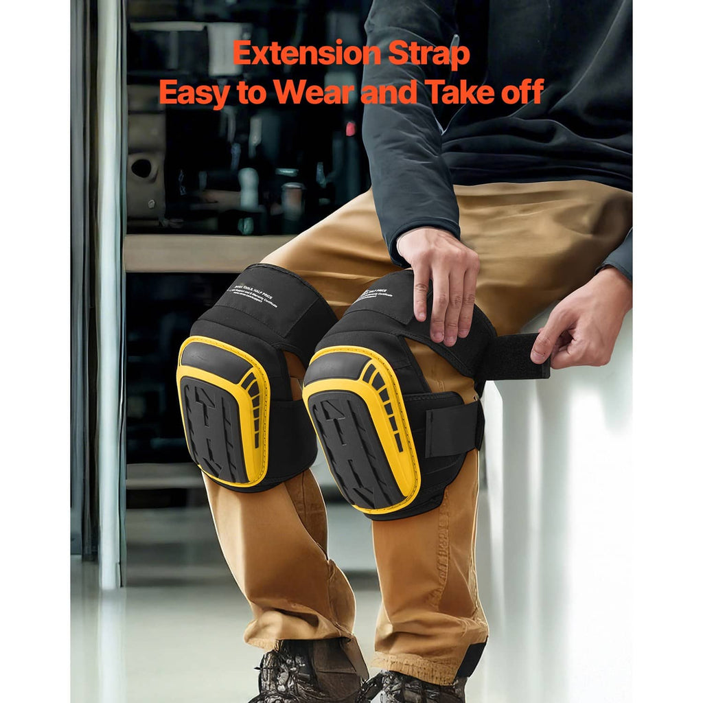 Black-and-yellow extended knee pads with secure straps and thick protective shells
