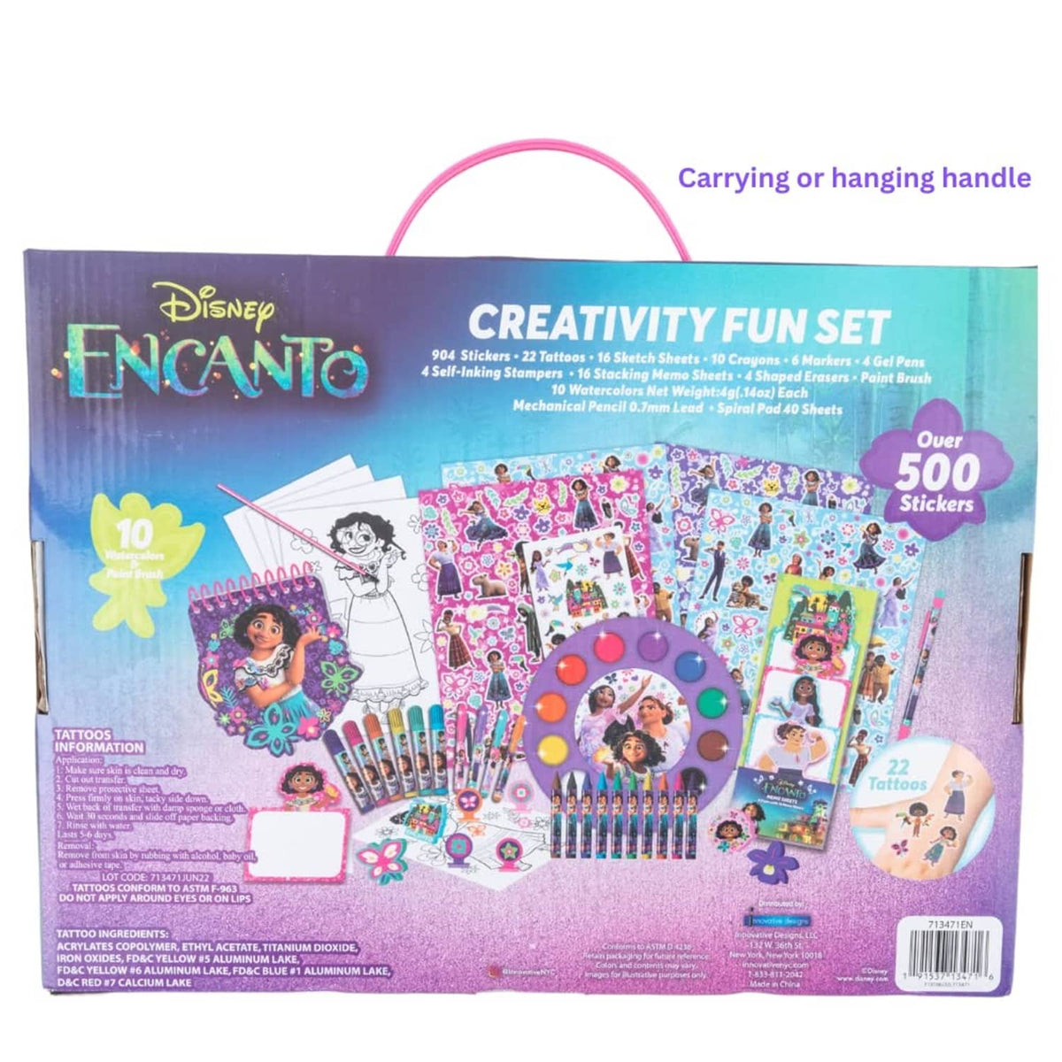 Encanto creativity fun set box with illustrated contents: stickers, tattoos, markers and crayons