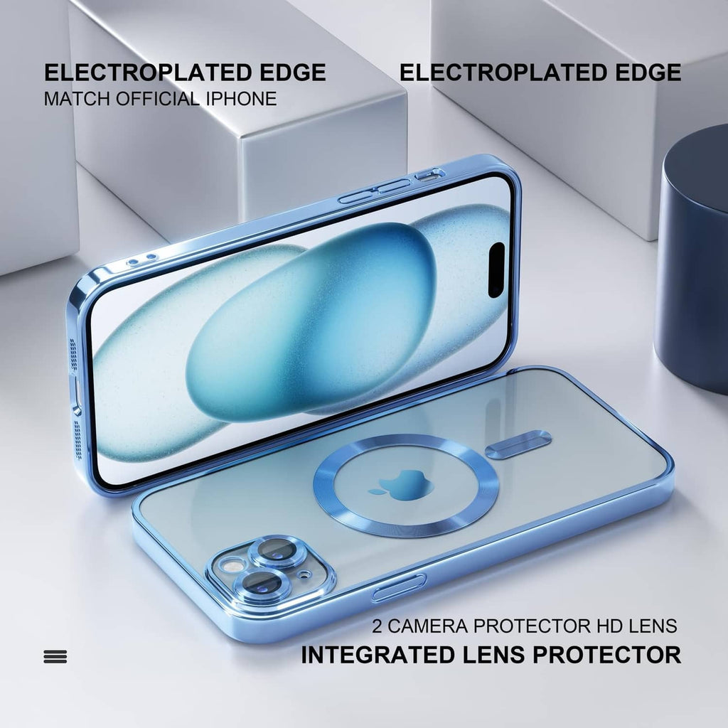 Light blue clear iPhone 15 Plus case with electroplated edge and lens protector