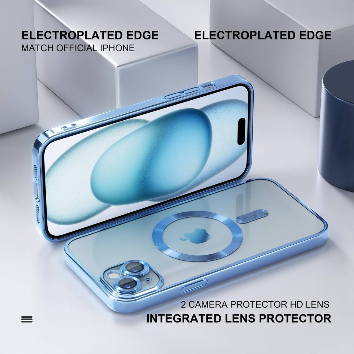 Light blue clear iPhone 15 Plus case with electroplated edge and lens protector