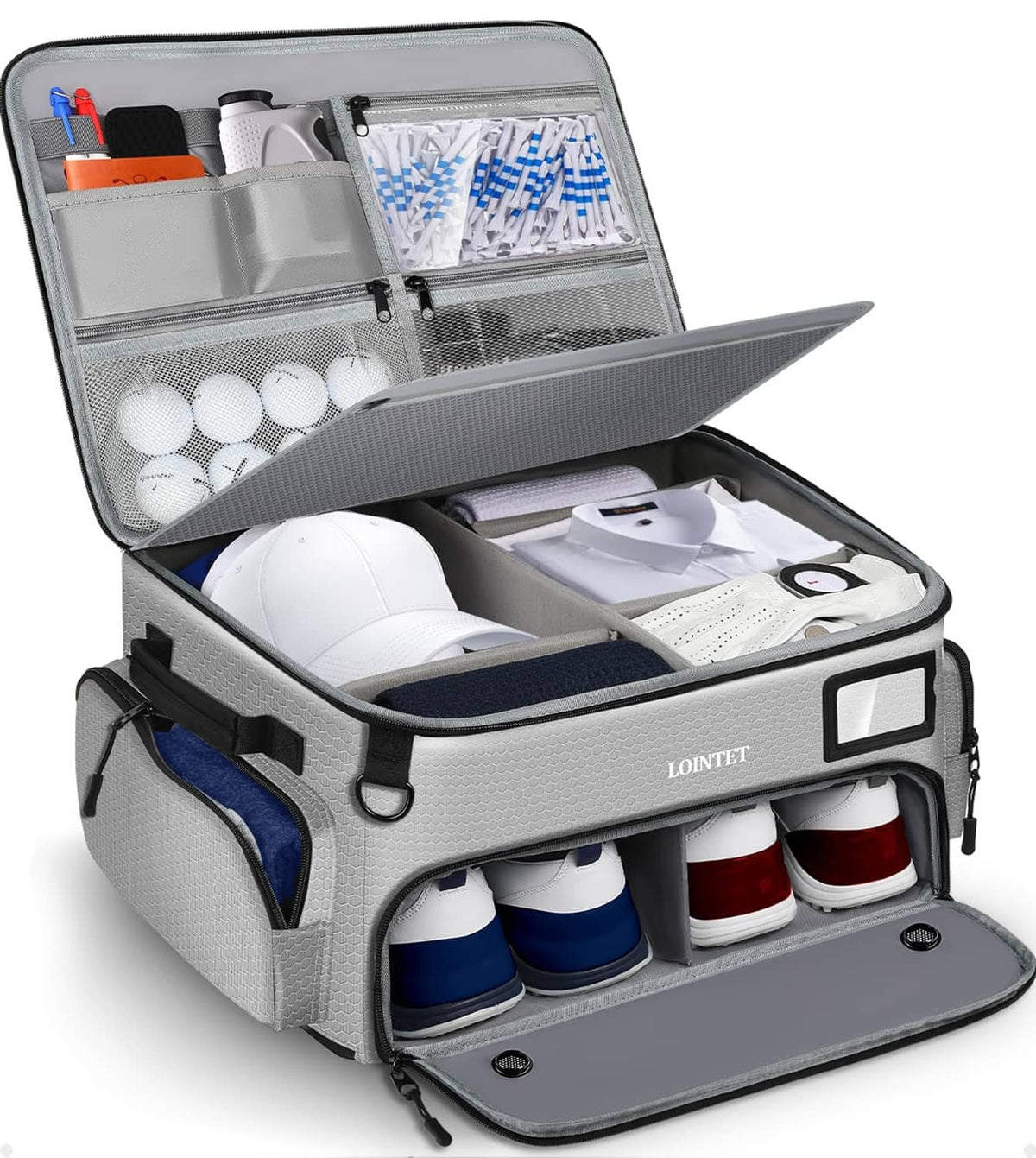 Gray trunk organizer with open compartments holding golf balls, shoes, and accessories