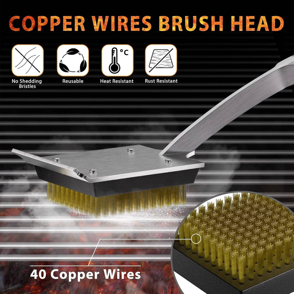 Copper wire grill brush head with metal base and upright bristle tips