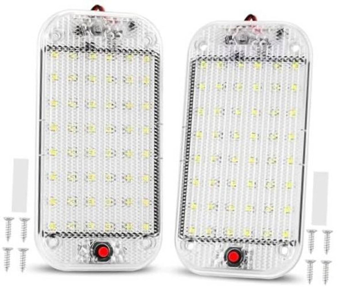 LED dome light pair with clear white lens and red circular switch on front