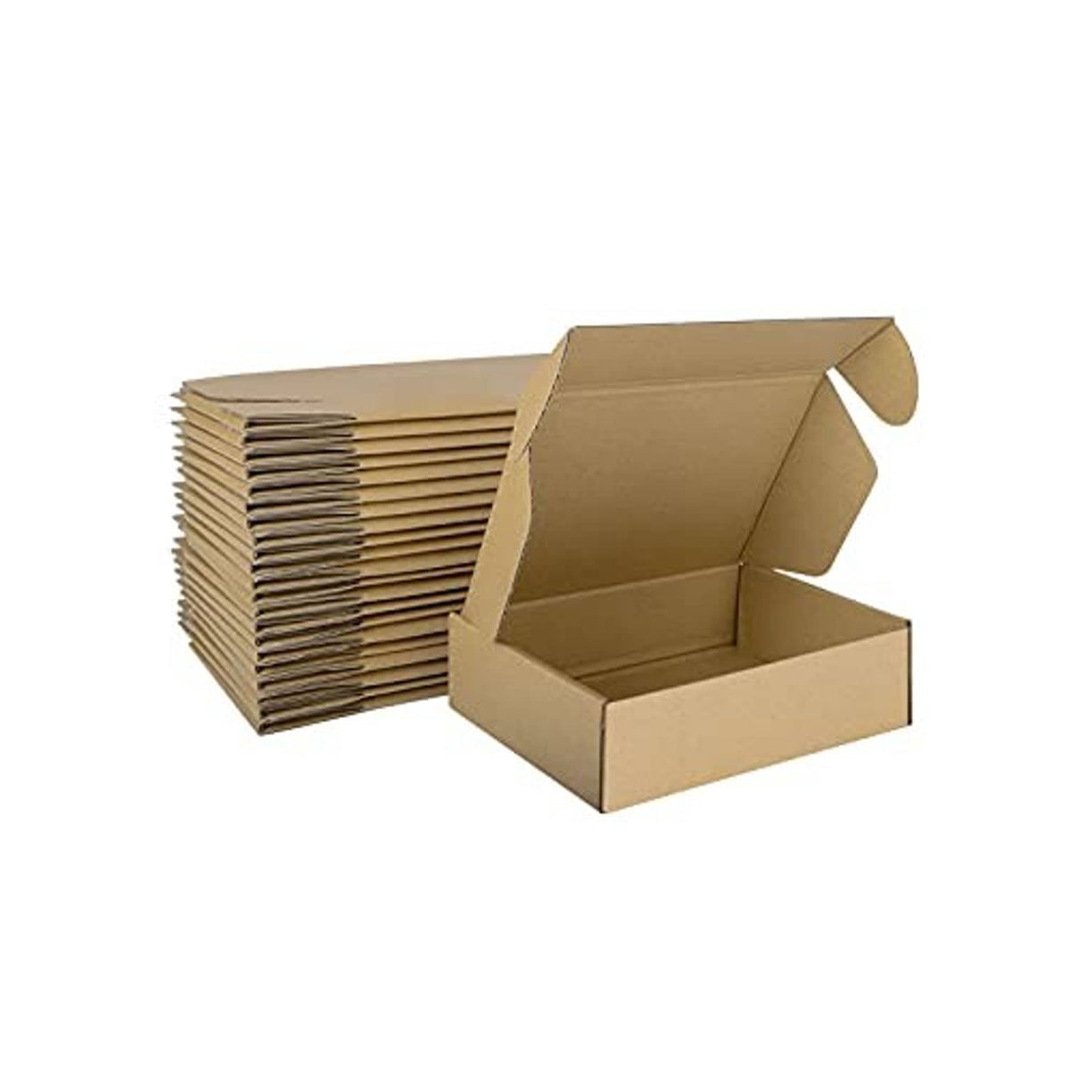 Small corrugated shipping boxes pack, one open box with stacked boxes behind