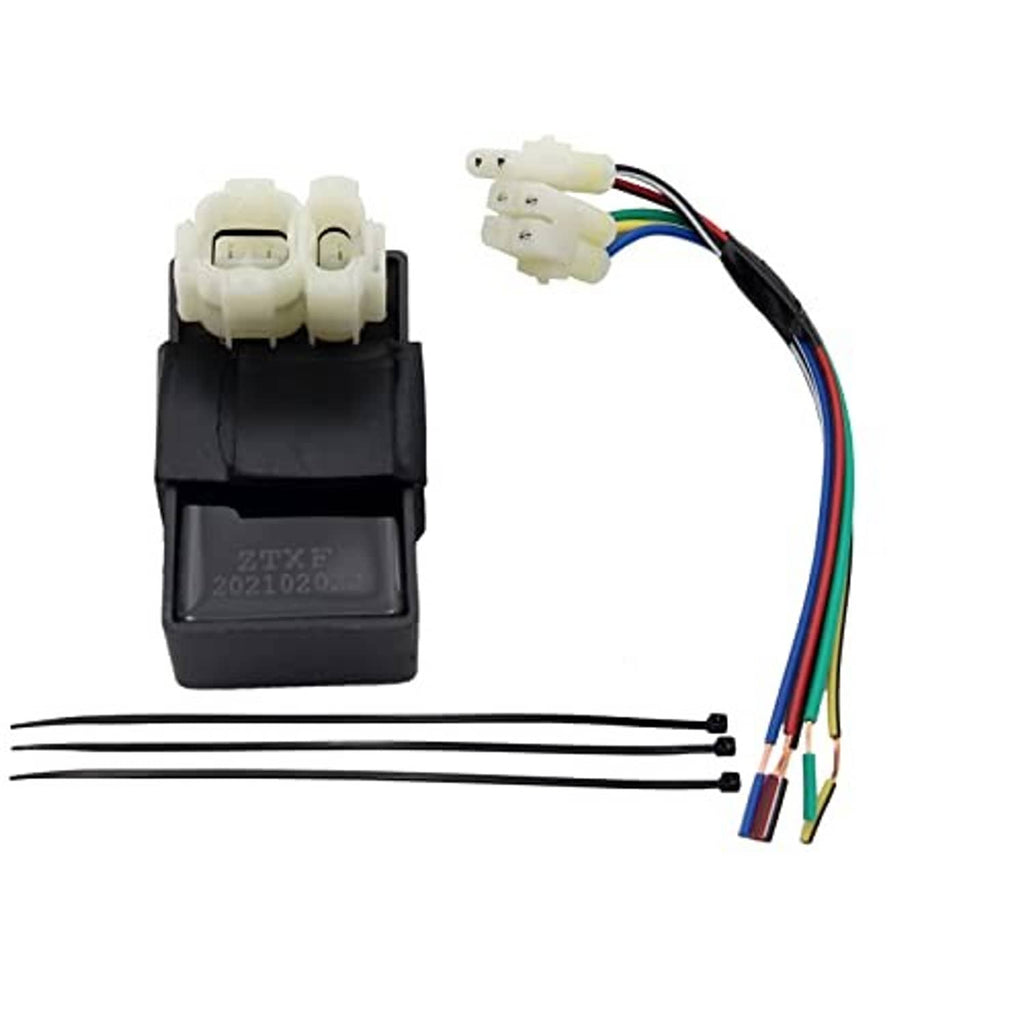 Black CDI module with white 6-pin connector, matching leads, and color-coded wires