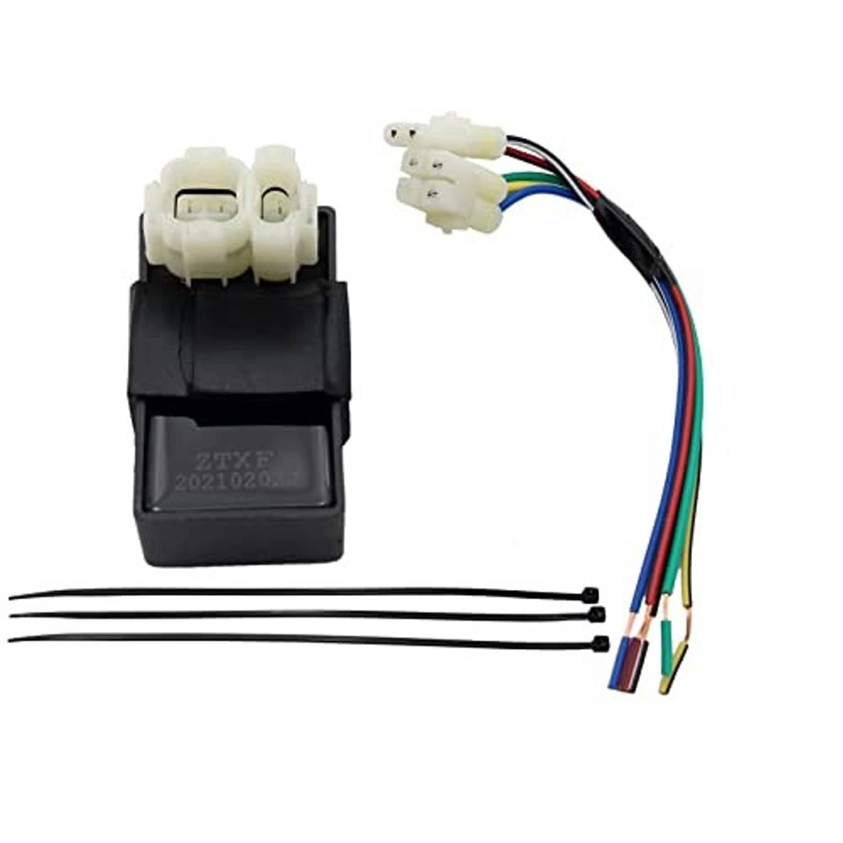 Black CDI module with white 6-pin connector, matching leads, and color-coded wires
