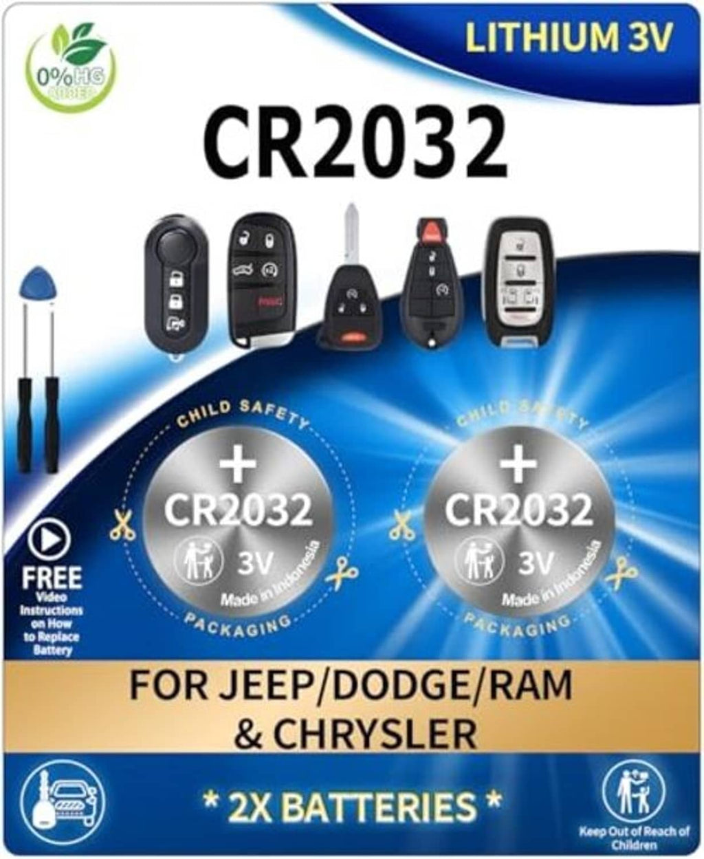 CR2032 lithium 3V key fob battery 2-pack package, shows compatible key fobs